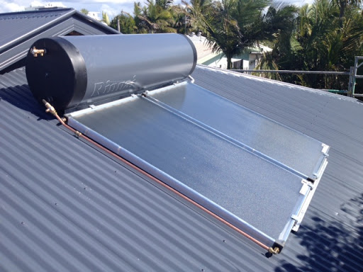 Solar hot water system fitted to a corrugated roof in Maroochydore