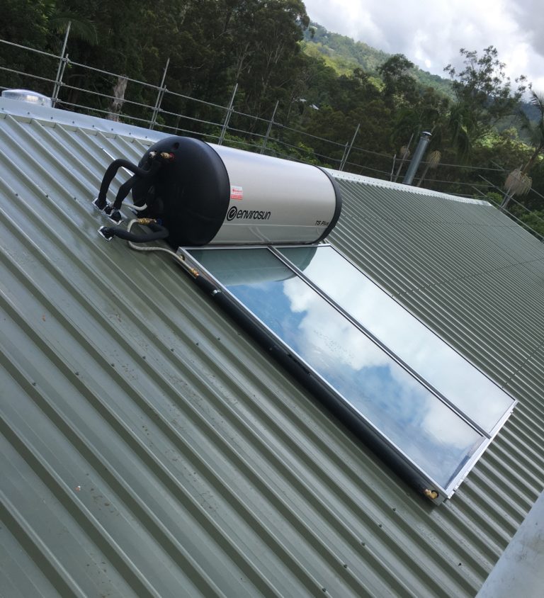 Solar hot water system fitted to a corrugated metal roof in Maroochydore