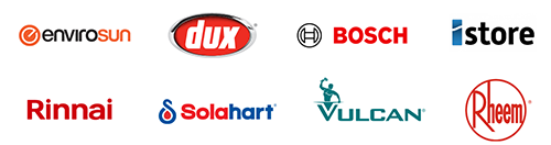 Logos of popular hot water system brands available on Maroochydore