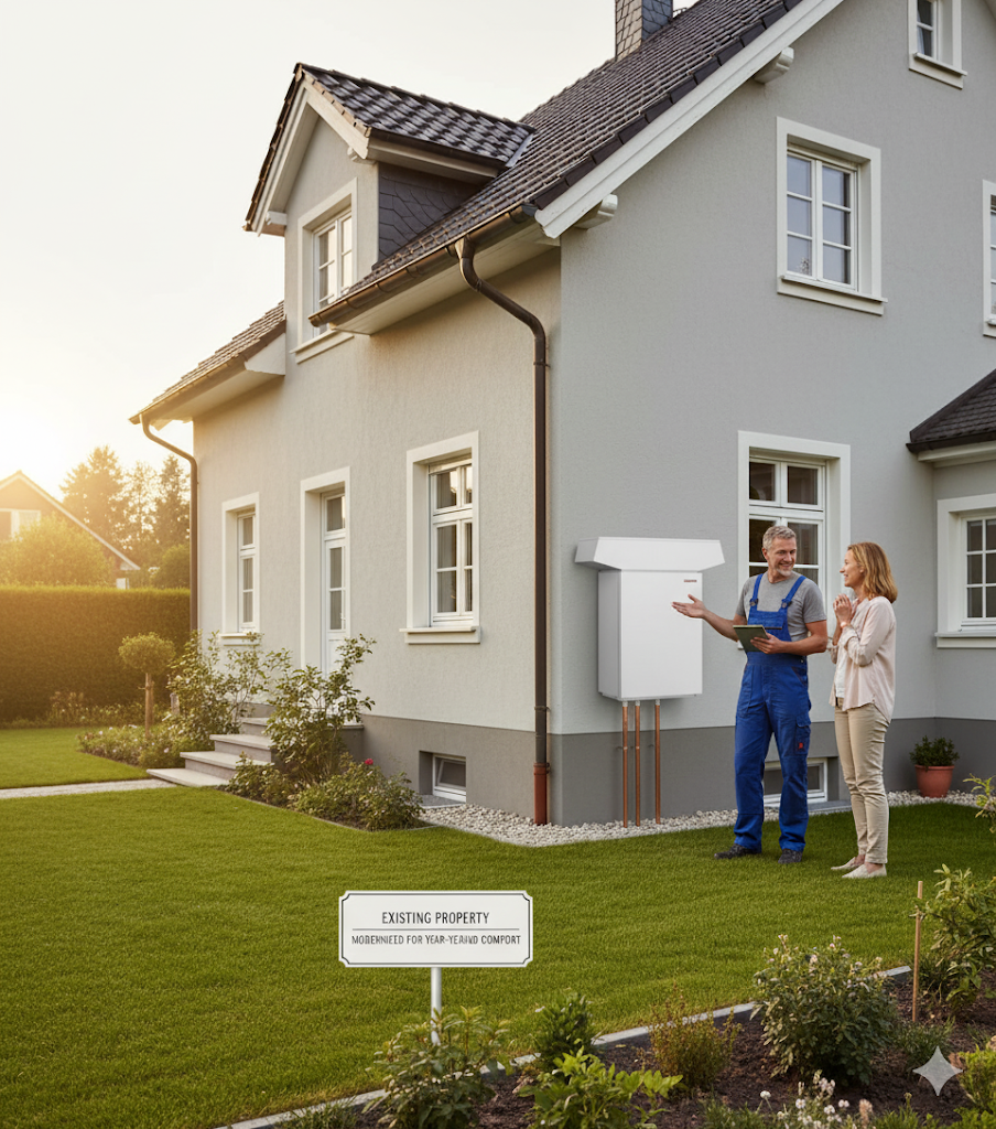 Technician describing an outdoor hot water system installation at a Maroochydore home.